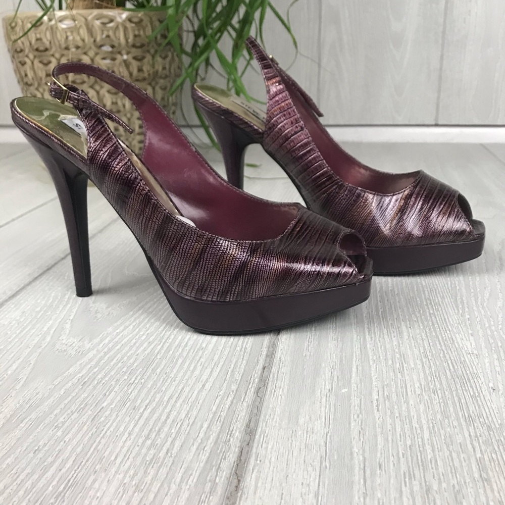 Steve Madden purple snake skin pattern platform slingback heels